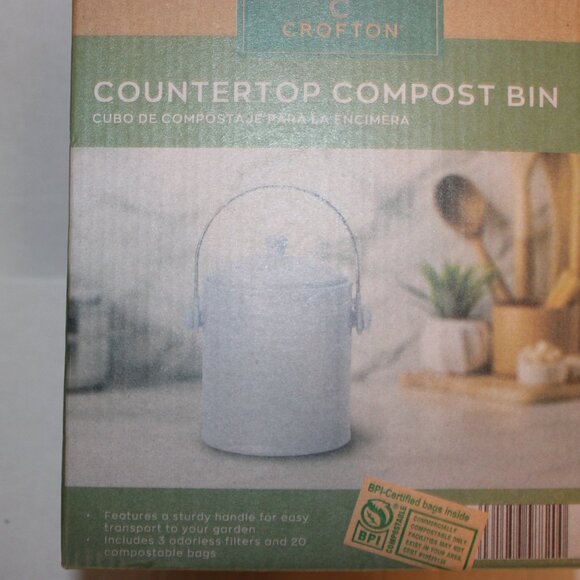 Crofton Blue Heavy Stoneware Countertop Compost Bin w/Lid and Handle New in Box - Picture 4 of 7